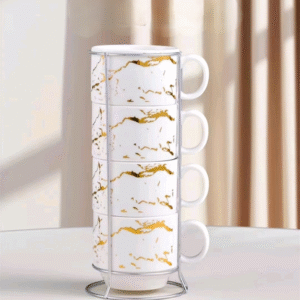MT09376 TAZA TE CERAMICA X 4 DISEÑO MARMOL DORADO GRANDE