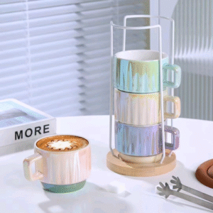 MT09383 TAZA TE CERAMICA X 4 PLEGABLE COLOR PERLA