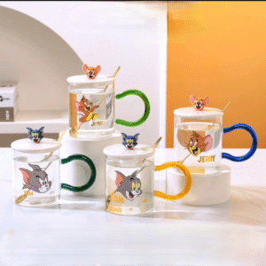 MT09557 TAZA VIDRIO CON MANGO COLORES GOTO Y RATONN