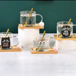 MT09580 TAZA VIDRIO CON PLATO GATO