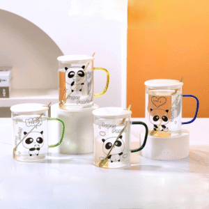 MT09575 TAZA VIDRIO CON MANGO DE COLORES PANDA