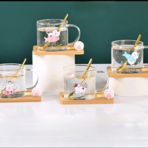 MT09579 TAZA VIDRIO CON PLATO GATO Y PECES