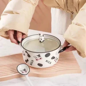 BOWL CERAMICA CON 2 ASAS Y TAPA DE VIDRIO VAQUITA FELIZ 2025080807972