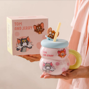 AA0611 TAZA CERAMICA GATO Y RATON ROSA