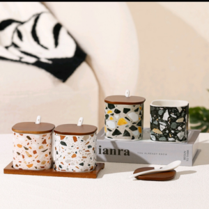 AA0914 SET DE ESPECIEROS CERAMICAS X 2 ESTILO PIEDRITAS CON TAPAS DE MADERA