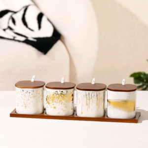 AA0915 SET DE ESPECIEROS CERAMICA ESTILO DORADO X 4 CON TAPAS DE MADERA