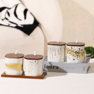 A0916 SET DE ESPECIOROS CERAMICA X 2 ESTILO DORADO CON TAPAS DE MADERA