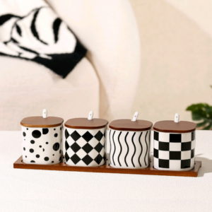 AA0918 SET DE ESPECIEROS CERAMICA X 4 ESTILO PATRON CON TAPAS DE MADERA