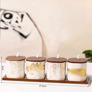 AA0923 SET DE ESPECIEROS CERAMICA X 4 ESTIO DORADO CON TAPAS DE MADERA