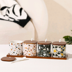 AA0925 SET DE ESPECIERO CERAMICA X 4 ESTILO PIEDRA CON TAPAS DE MADERA