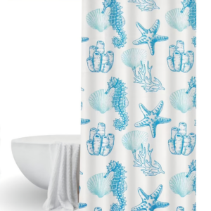 AA3037 CORTINA DE BAÑO TELA TEFLON ANTIHONGO CABALLOS DE MAR