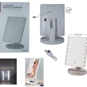 ESPEJO RECTANGULAR C/PIE LED LUZ FRIA A PILA Y USB