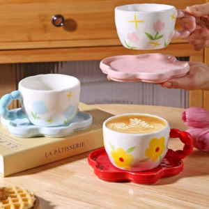 AA1422 TAZA CON PLATO CERAMICA CON FORMA DE FLOR