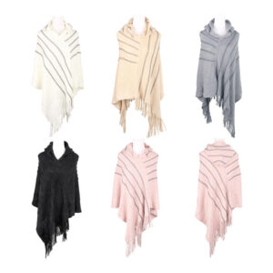 LN34UO8386 - PONCHO TEJIDO CON LINEAS TRENZADAS CAPUCHA Y FLECOS