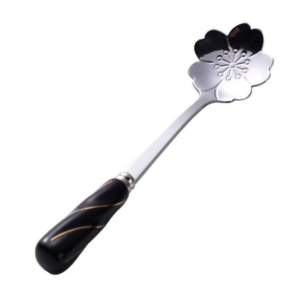 MT09070 CUCHARA PLATEADA DISEÑO LOTO MANGO NEGRO X 6