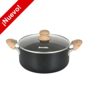 CACEROLA N° 22 GRIS ANTIHADERENTE CON ASA DE MADERA