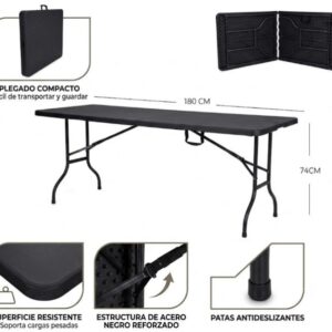 MESA DE CAMPING PLEGABLE BLANCA 180CM LARGO X 74CM ALTO - NEGRO