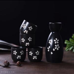 SET DE SAKE CERAMICA NEGRO CON FLORES SIN BANDEJA
