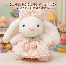 CONEJO CON VESTIDO ROSA DE FLORES 40CM