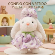 CONEJO CON VESTIDO VIOLETA DE FLORES 40CM
