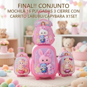 CONJUNTO MOCHILA 16 PULGADAS 3 CIERRE CON CARRITO LABUBU/CAPYBARA X1SET 3848 [21338-4]