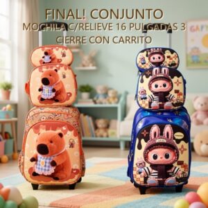 CONJUNTO MOCHILA C/RELIEVE 16 PULGADAS 3 CIERRE CON CARRITO LABUBU/CAPYBARA 0042 [X-164]