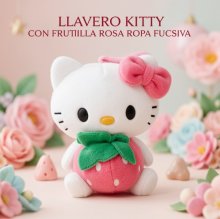 LLAVERO KITTY CON FRUTILLA ROSA ROPA FUCSIA