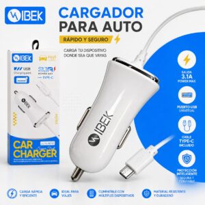 CARGADOR DE AUTO IBEK TIPO C 3.1