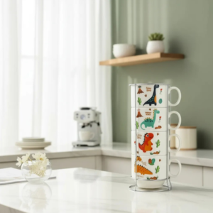 TAZA CERAMICA X 4 APILABLE DINO 2025080800256 CON PORTA TAZAS