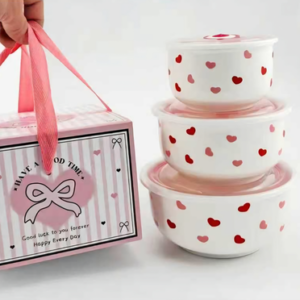 SET DE BOWL CERAMICA CON TAPA CORAZONES 2025080816080 CHICA, MEDIANA Y GRANDE