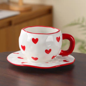 TAZA CERAMICA CON PLATO CON CORAZONES
