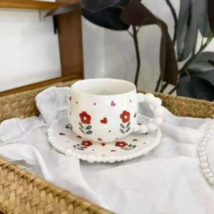 TAZA CERAMICA CON PLATO FLORES CON CORAZONES