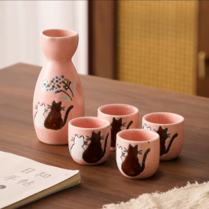 SET DE SAKE CERAMICA GATO NEGRO SIN BANDEJA CON 4 VASOS