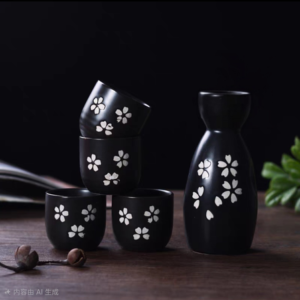 SET DE SAKE CERAMICA NEGRO CON FLORES SIN BANDEJA 2025080817988 CON 4 VASOS BOTELLA GRANDE