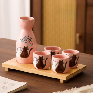 SET DE SAKE CERAMICA GATO NEGRO CON BANDEJA 2025080818015 CON 4 VASOS