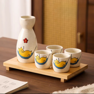 SET DE SAKE CERAMICA GATO AMARILLO CON BANDEJA 2025080818022 CON 4 VASOS