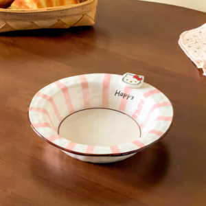 PLATO HONDO CERAMICA GATO CON RAYAS ROSADA