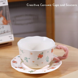 TAZA CERAMICA CON PLATO FLORCITAS DE COLORES 2025080822708