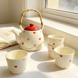 SET DE TE CERAMICA CON CORAZONES 2025080822968 1 TETERA + 4 VASOS
