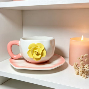 TAZA CERAMICA CON PLATO FLOR AMARILLA