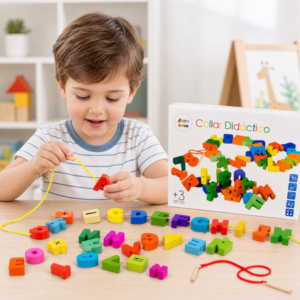COLLAR DIDÁCTICO DE MADERA JUEGO PARA ENHEBRAR NÚMEROS Y LETRAS