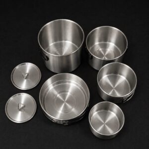 Set de Cocina Camping de Acero Inoxidable – Ollas, Sartén, Tazas y Tapas