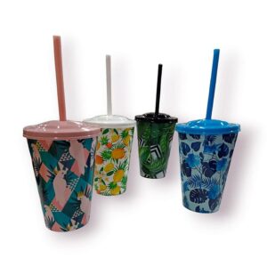 VASO PLASTICO ESTAMPADO CON TAPA Y SORBETE 400CC