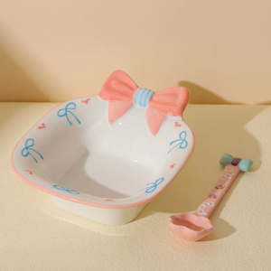 BOWL CUADRADA CERAMICA CON MOÑO COLOR ROSA