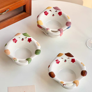 BOWL CERAMICA FORMA DE GATO COLOR VERDE Y BEIGE