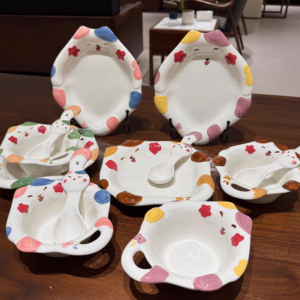 PLATO CERAMICA 9" CON FORMA DE GATO COLOR ROSA Y AZUL