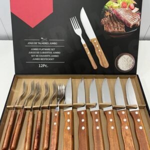SET CUBIERTOS ASADO X12 ACERO Y MADERA