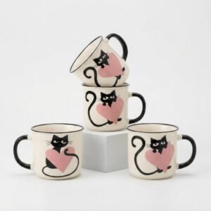 TAZA DE CERÁMICA CON ASA NEGRA – DISEÑO GATO Y CORAZÓN
