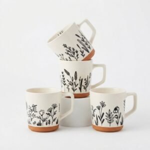 TAZA DE CERÁMICA CON BASE MARRÓN – DISEÑO BOTÁNICO