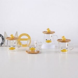TAZA DE VIDRIO CON TAPA DE MADERA - DISEÑO PATITO